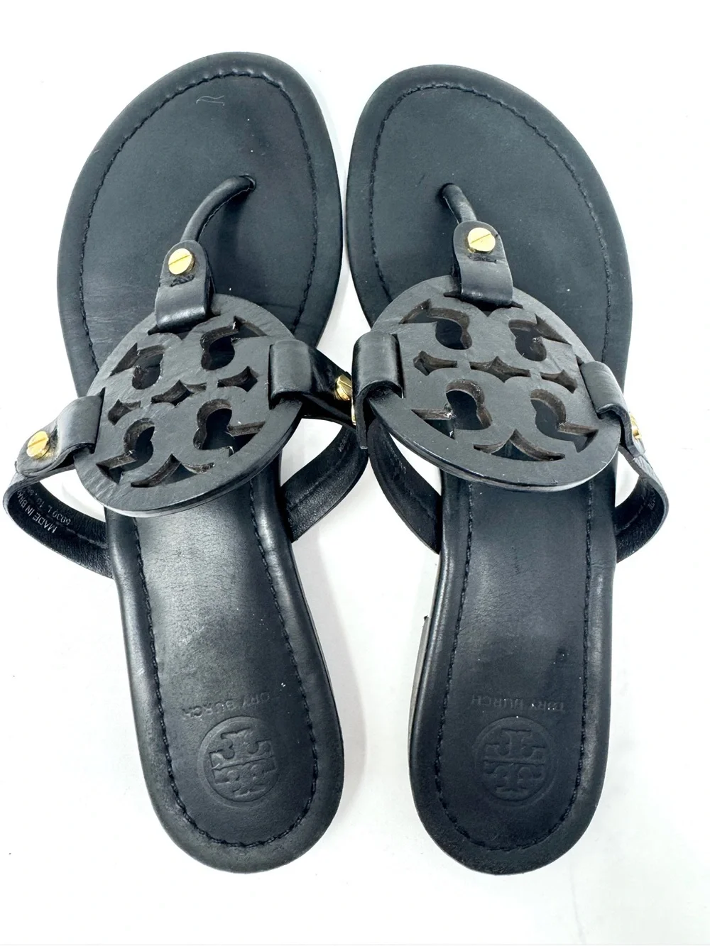 Tory Burch Miller Black Logo Medallion Leather Thong Sandals